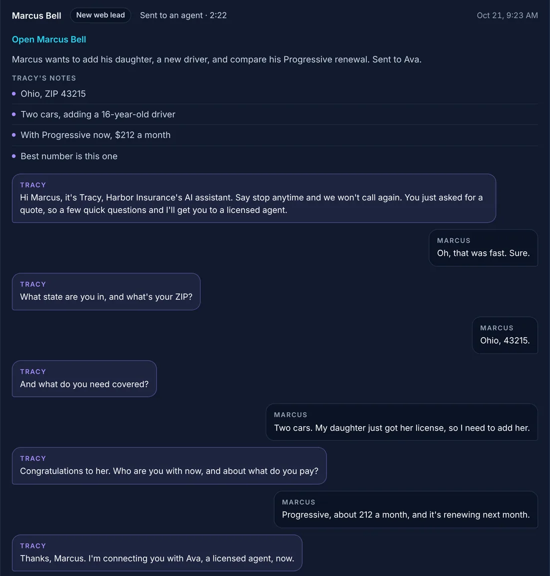 Call history: a new web lead Tracy sent to an agent, with the call's summary, her notes, and the transcript