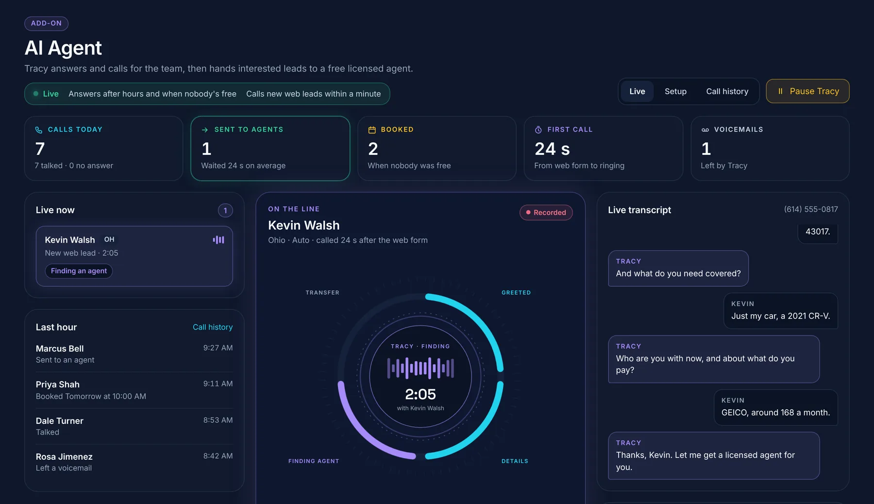 The AI Agent's Live view: Tracy on the line with a new web lead she called 24 seconds after the form, finding a licensed agent, with the live transcript