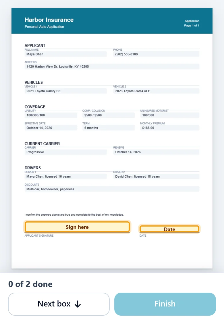 The client's phone after the texted link: an auto application with Sign here and Date boxes to tap, then Finish