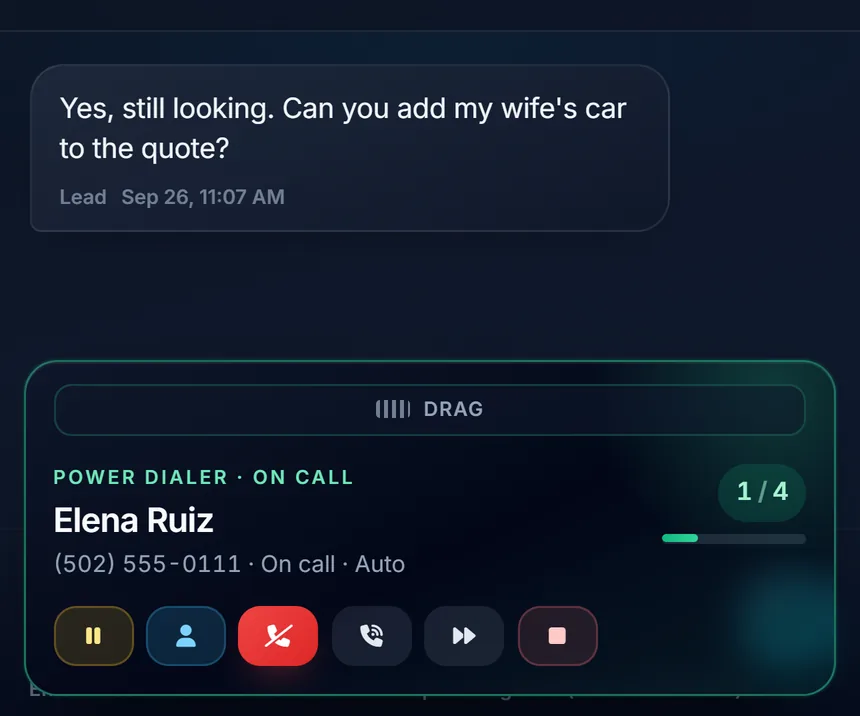 Power Dial on a call with an auto lead, 1 of 4, with her latest text and Pause, Hang up and next, Redial, and Skip