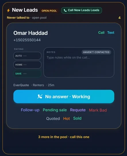 New Leads, the shared pool: a renters lead from EverQuote, 25 minutes old, ready to call