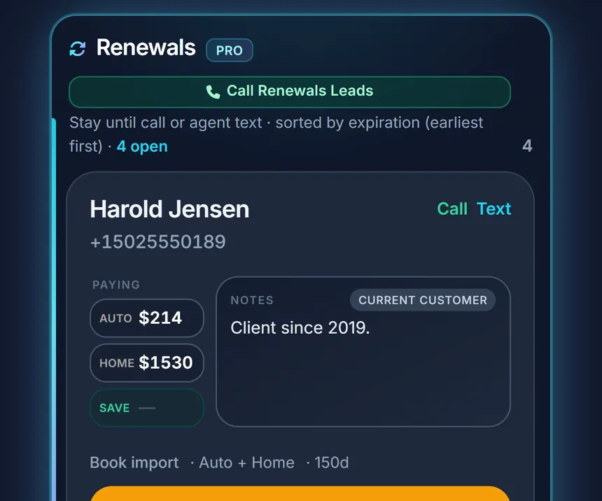 The book on the Lead Hub: a renewal for a current customer, a friend referred by a client, and a former customer set for win-back