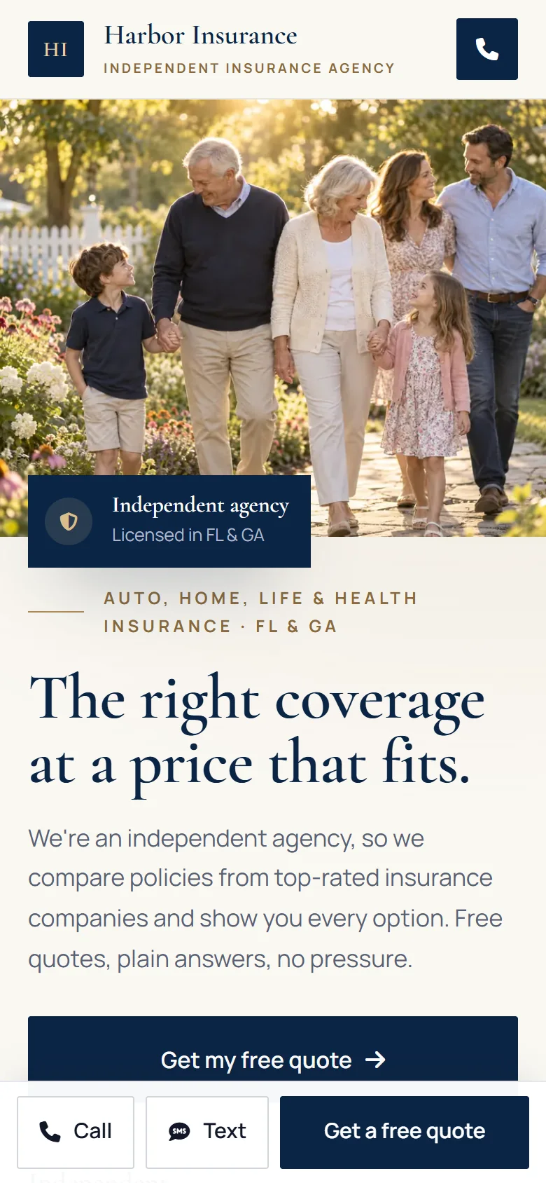 Harbor Insurance's website on a phone: the coverage it sells, a free quote form, and Call and Text buttons