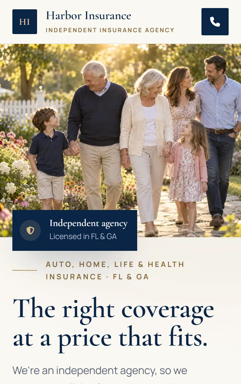 Harbor Insurance's website on a laptop: the agency's name and number, the coverage it sells, and a free quote form