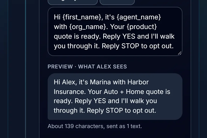 The Quoted workflow: 8 texts over 15 days that pause when they reply, and a preview of the first text as the lead will read it