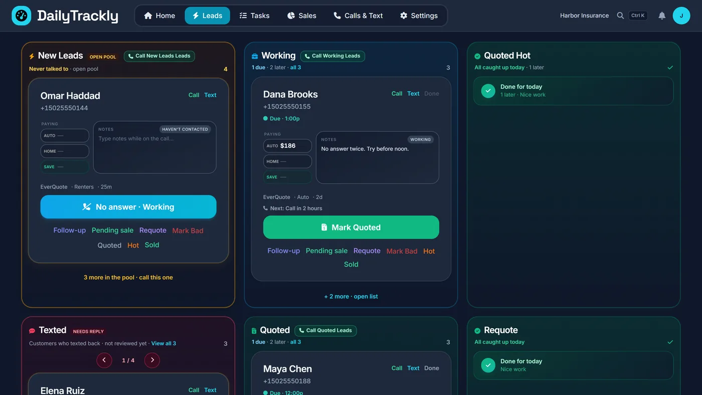 New Leads, the shared pool: a renters lead from EverQuote, 25 minutes old, ready to call
