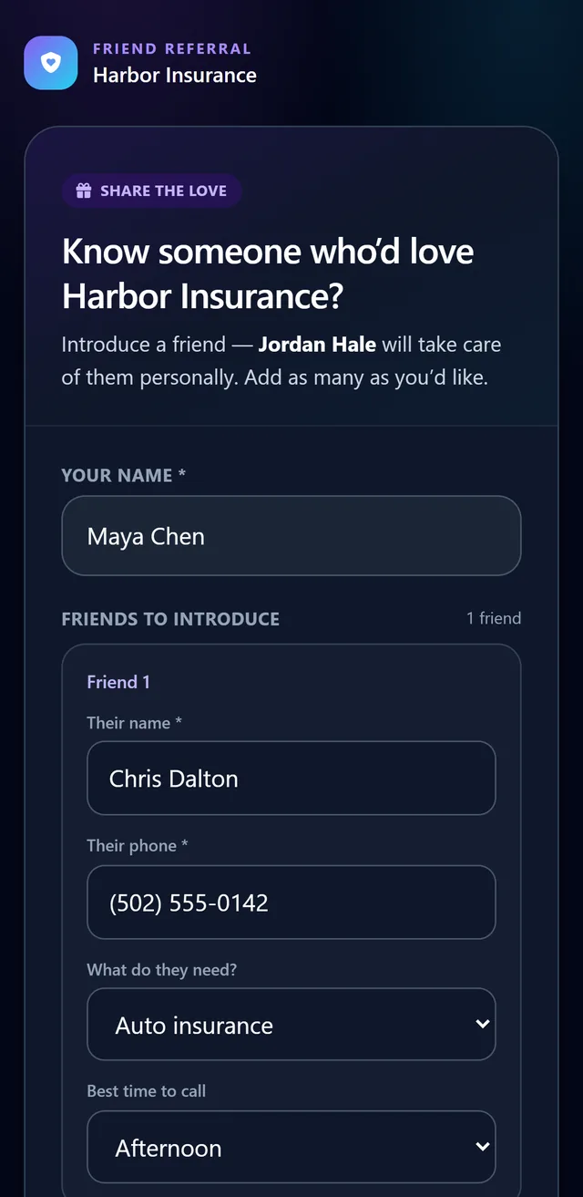 An agent's referral page for Harbor Insurance, filled in by a client introducing a friend