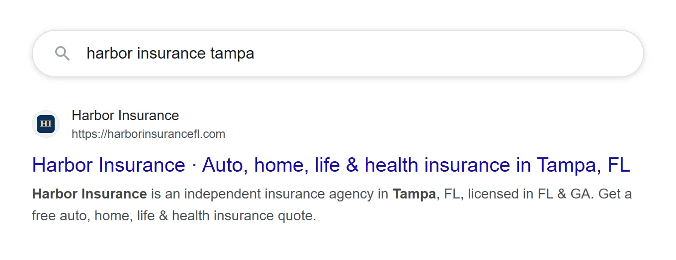 Harbor Insurance's website in a Google search: its name, web address, and a title and description with the agency's city, Tampa, FL