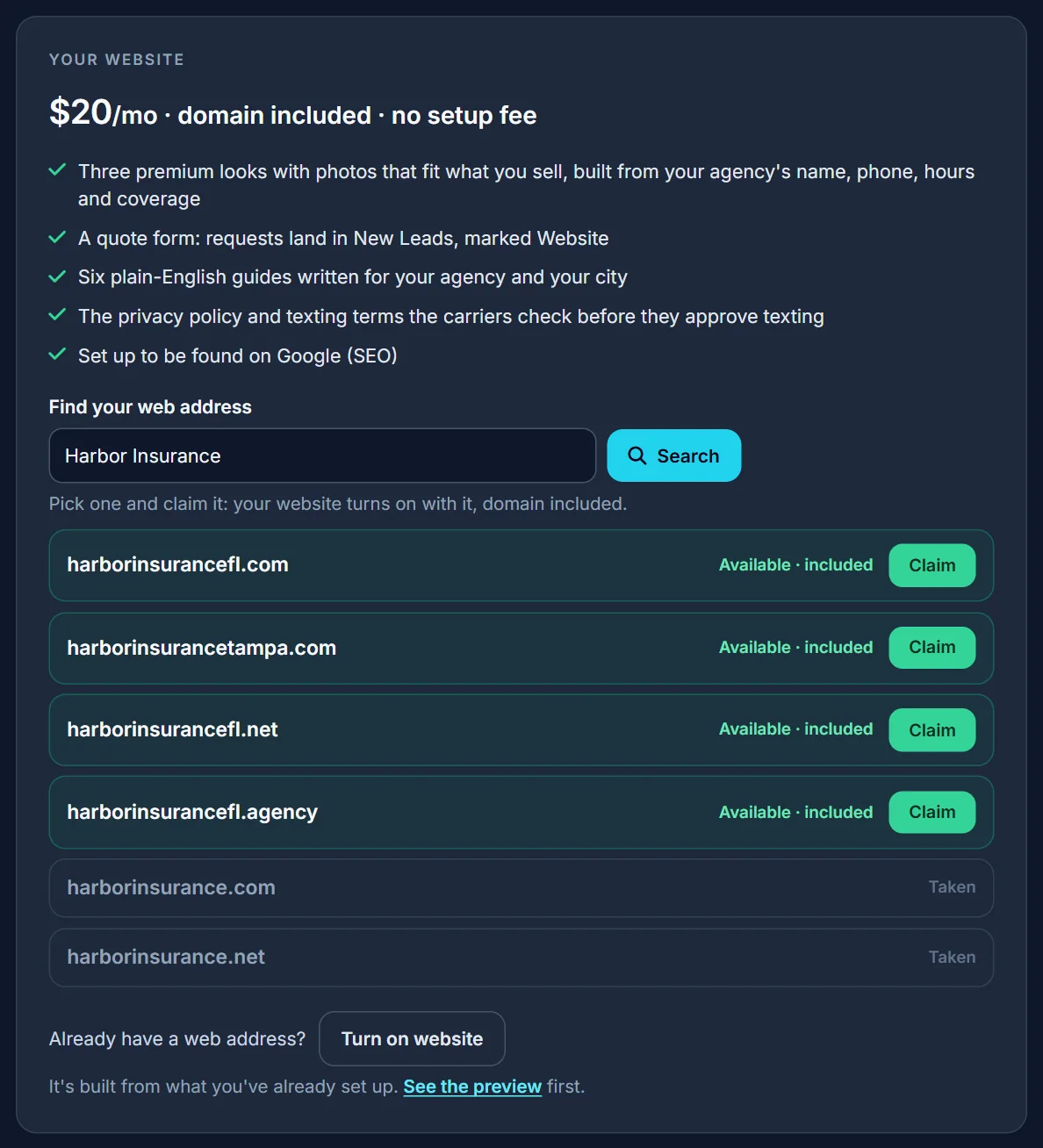 Settings → Website: search for a web address, see which ones are included, and claim one