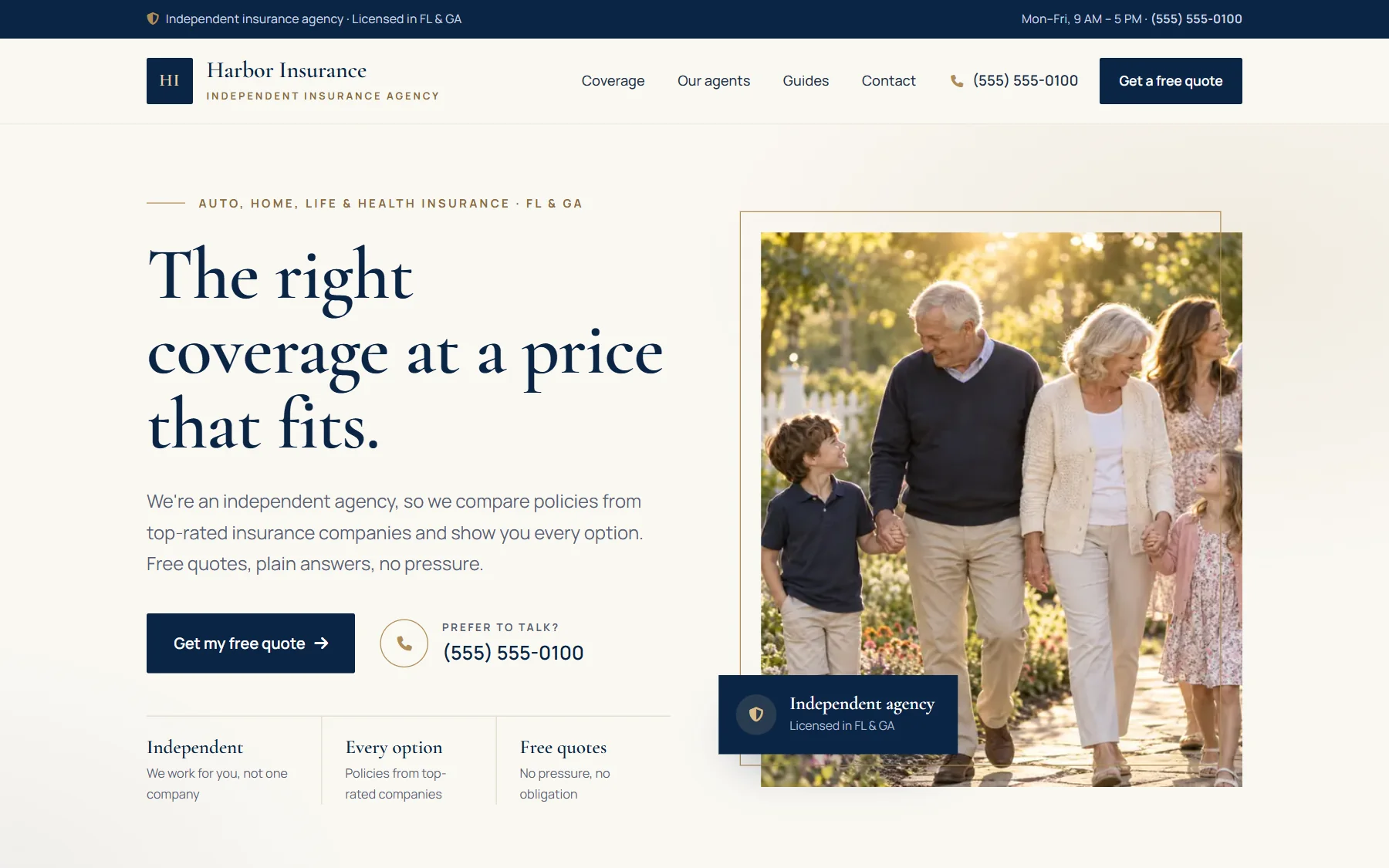 Harbor Insurance's website on a laptop: the agency's name and number, the coverage it sells, and a free quote form