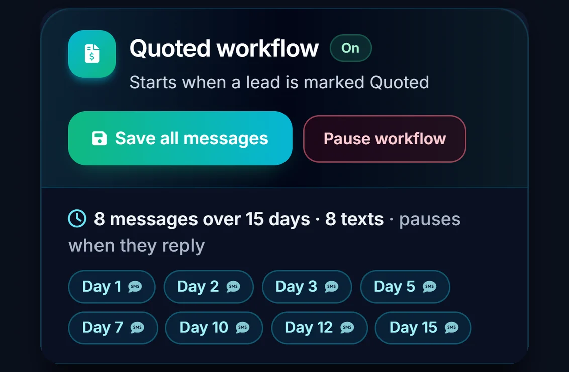 The Quoted workflow: 8 texts over 15 days that pause when the lead replies