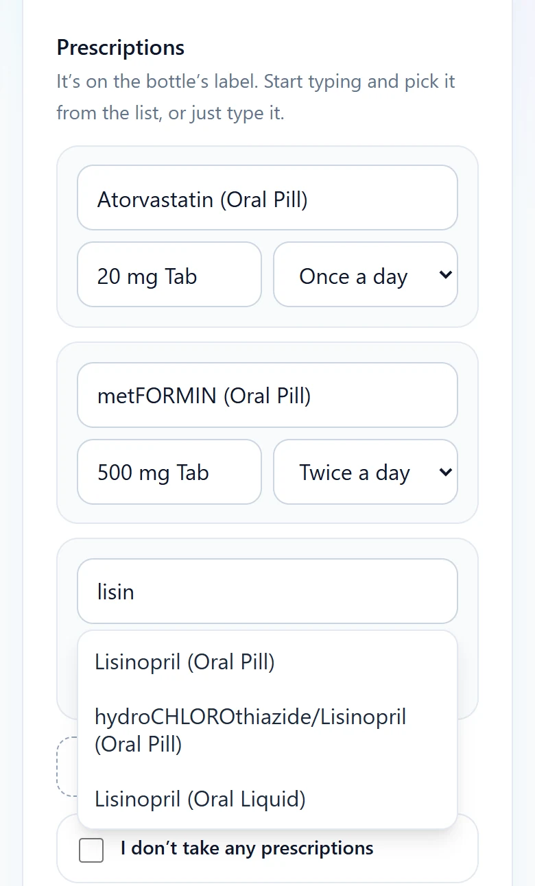A client's phone: two prescriptions with their strength and how often, and a search by name for a third