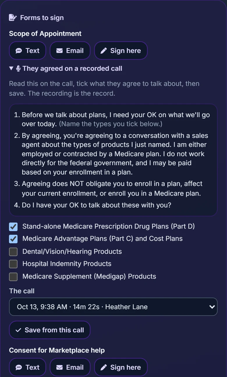 The Forms card on a lead: the statements to read on a recorded call, Part D and Medicare Advantage ticked, this morning's call picked, and Save from this call