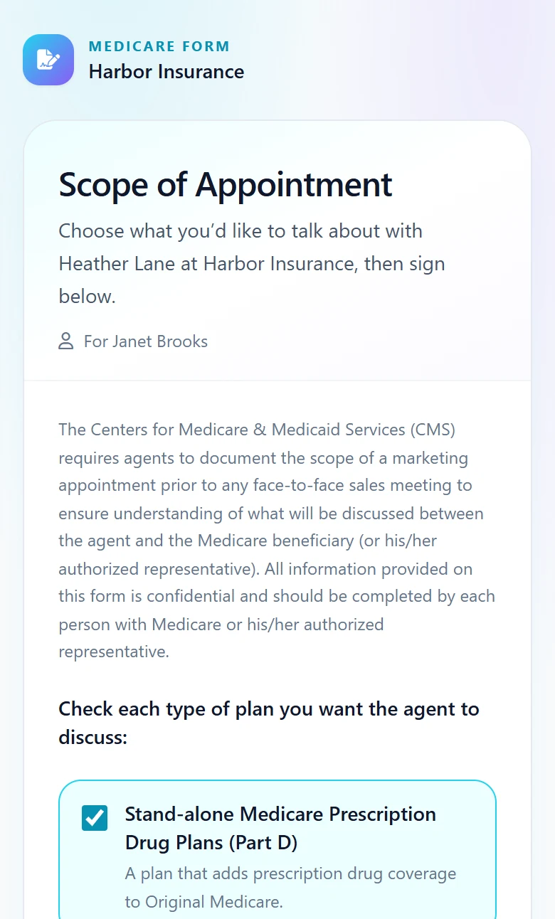 A client's phone: Harbor Insurance's Scope of Appointment for Janet Brooks, sent by Heather Lane, with Part D checked to discuss