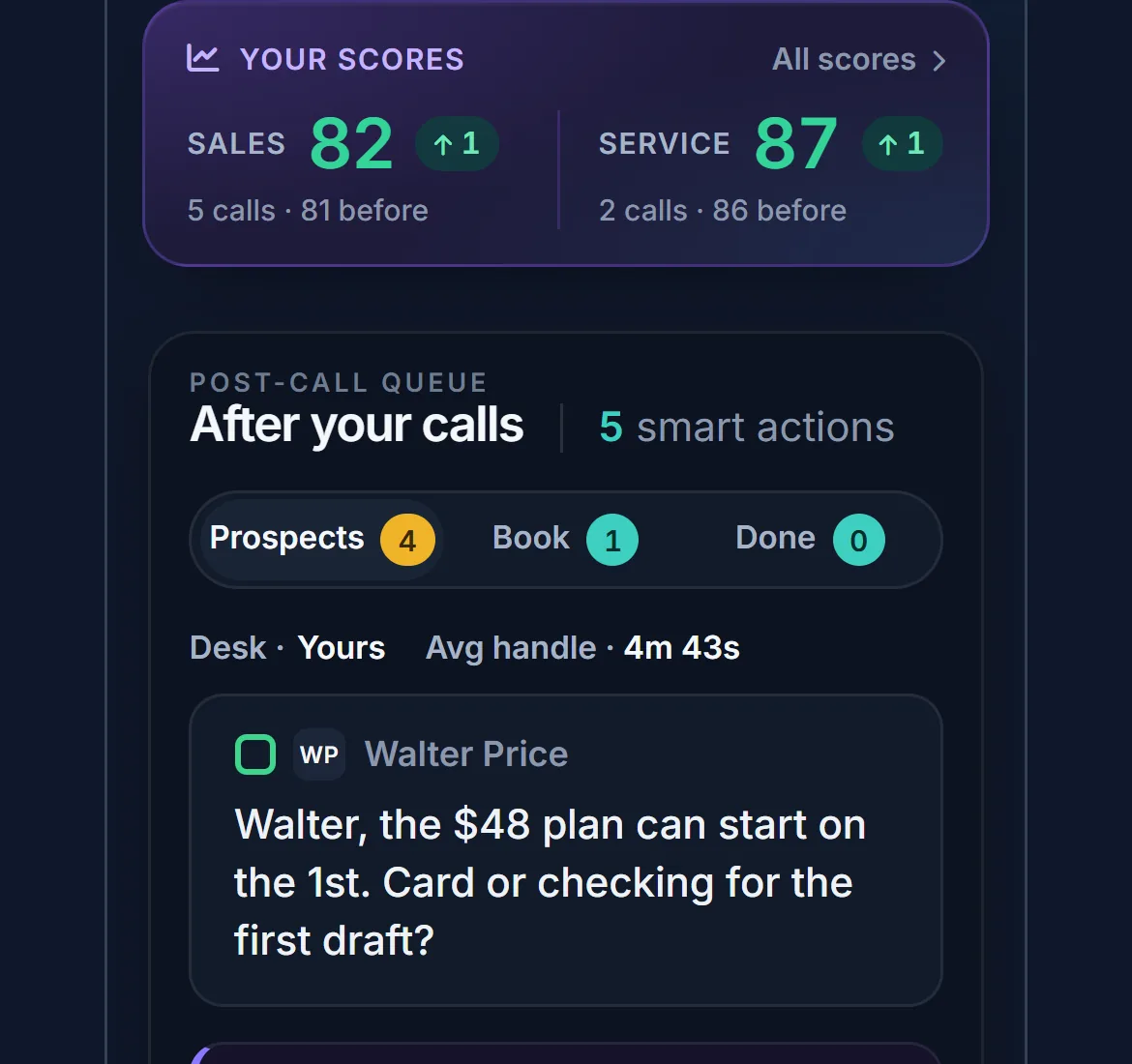 After your calls: a sales score of 86 with one coaching item, and an AI-written final expense close ready to send