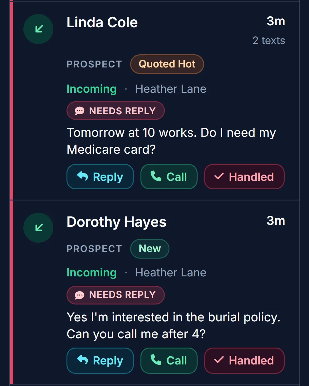 The Texts inbox with replies from final expense and Medicare prospects that need a reply