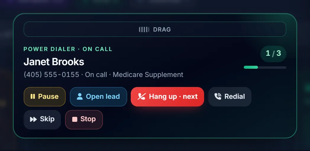 Power Dial on a call with a Medicare Supplement lead, 1 of 3, with Pause, Hang up and next, Redial, and Skip