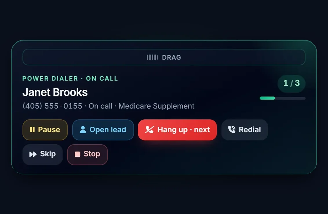 The Power Dial card on a call with Janet Brooks, 1 of 3 in the list