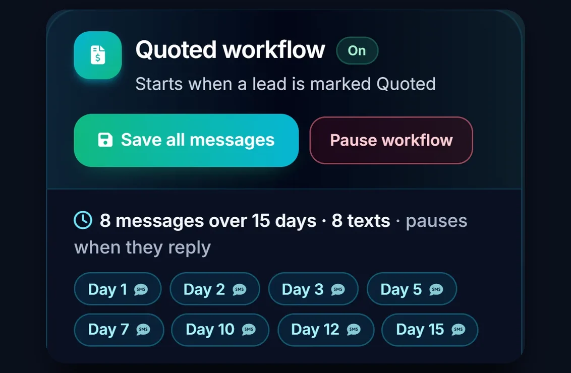 The Quoted workflow: 8 texts over 15 days that pause when the lead replies